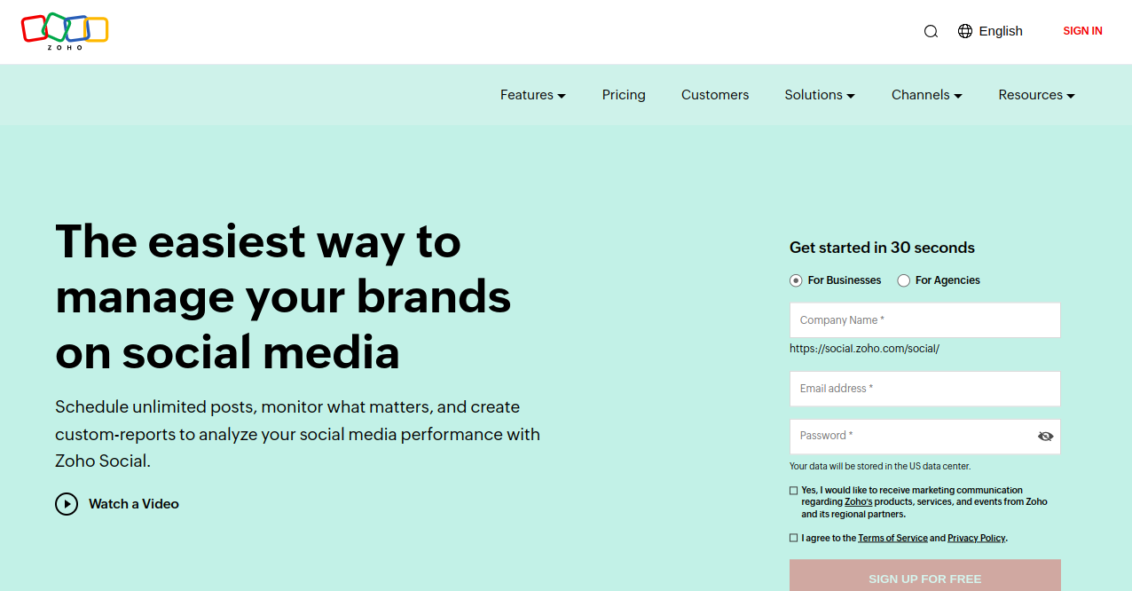 Zoho Social Home Page